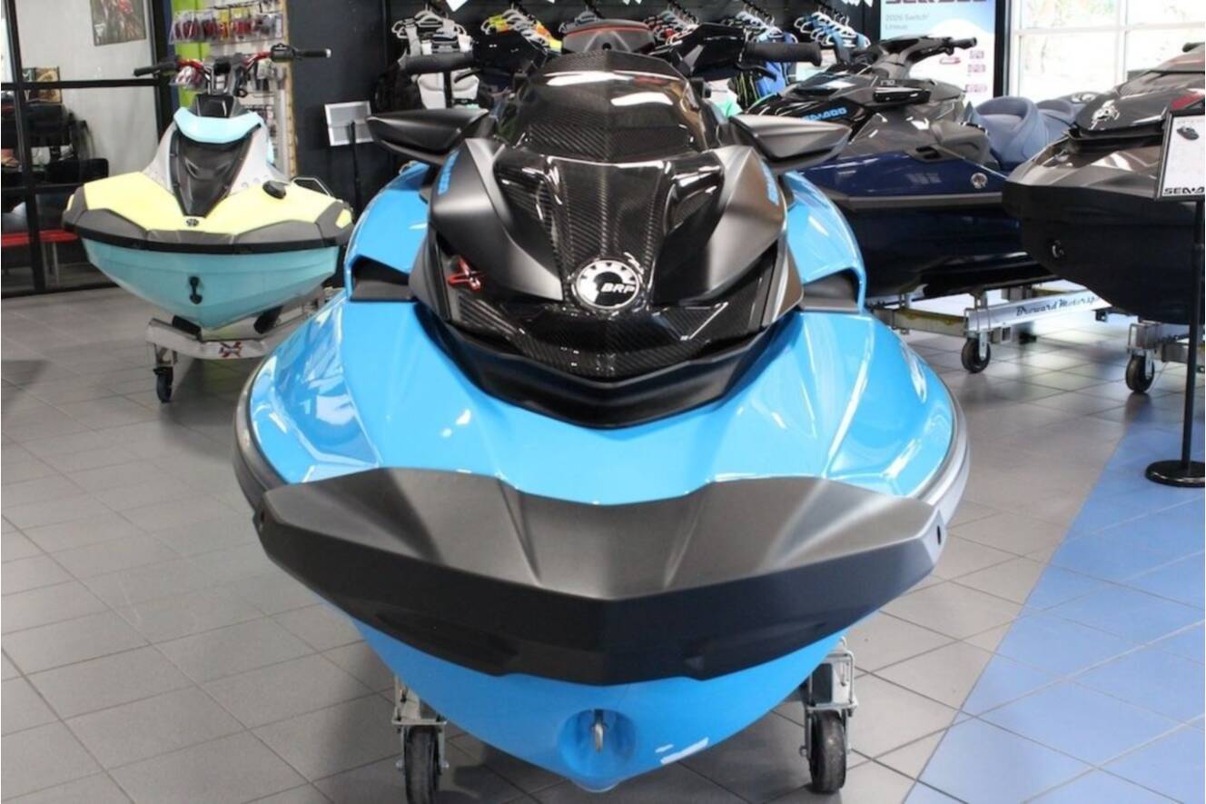 A photo of this 2026 Sea-Doo RXP-X 325 iBR Gulfstream Blue Premium