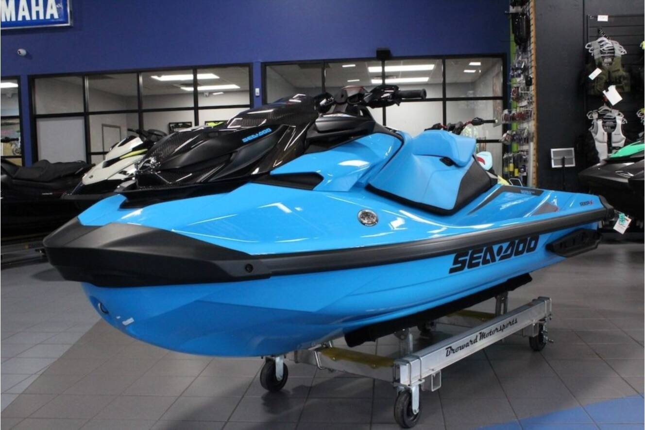 A photo of this 2026 Sea-Doo RXP-X 325 iBR Gulfstream Blue Premium