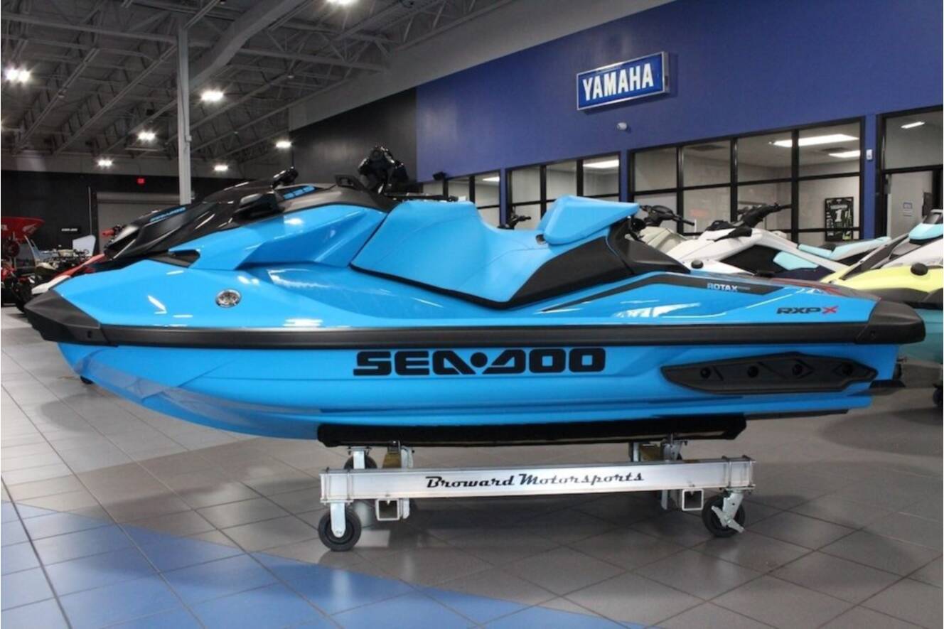 A photo of this 2026 Sea-Doo RXP-X 325 iBR Gulfstream Blue Premium