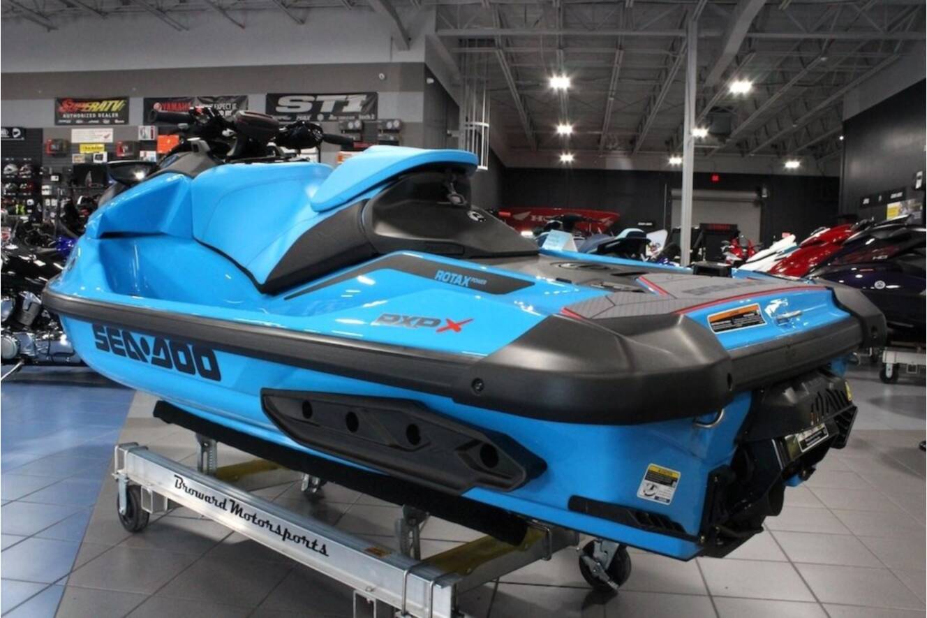 A photo of this 2026 Sea-Doo RXP-X 325 iBR Gulfstream Blue Premium
