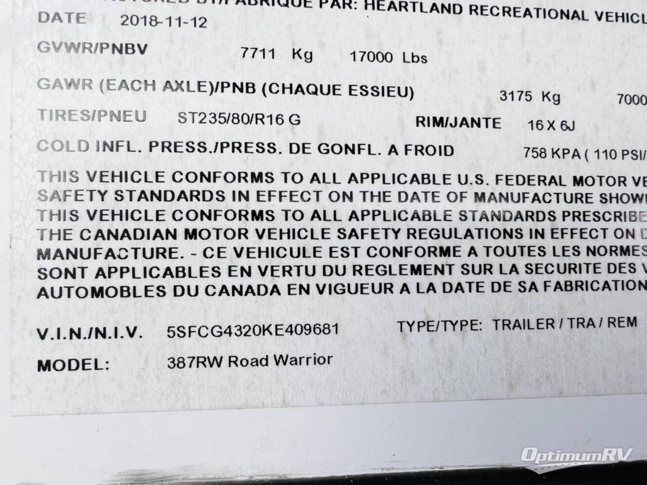 A photo of this 2019 Heartland Road Warrior 387