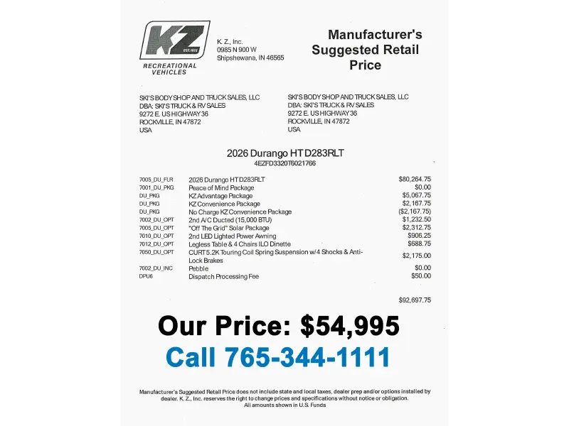 2026 KZ RV Durango D283RLT Half-Ton