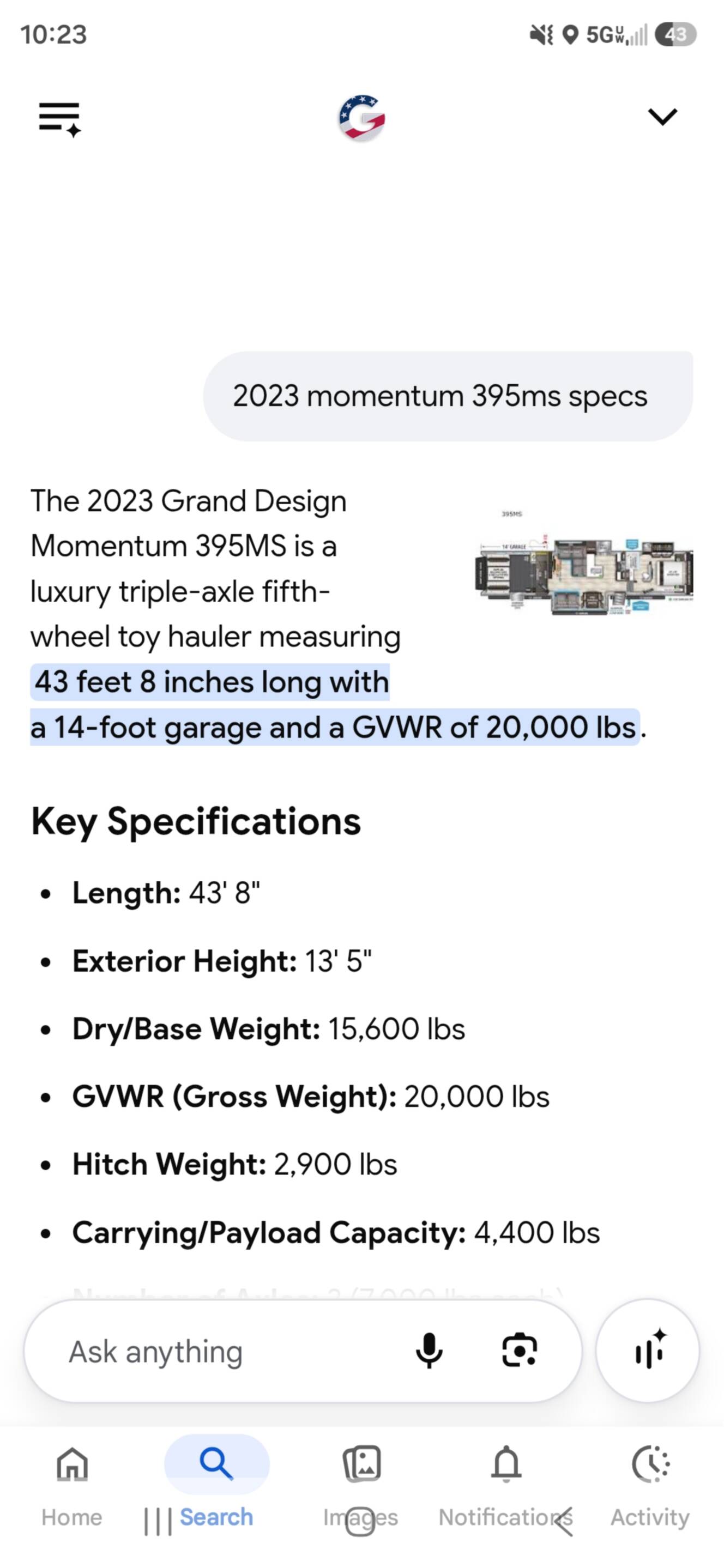 A photo of this 2023 Grand Design MOMENTUM M-CLASS 395MS