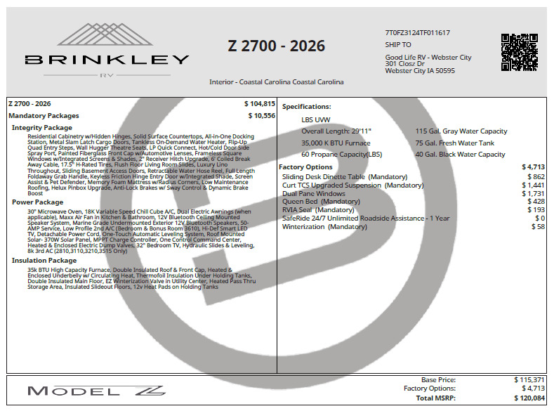 2026 Brinkley Rv Model Z 2700 in webster city IA