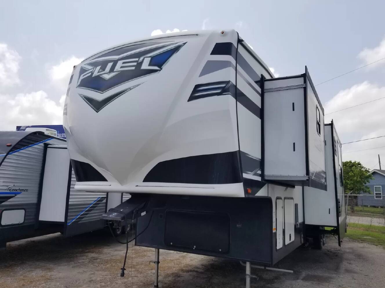 A photo of this 2021 Heartland Fuel 362 Toy Hauler
