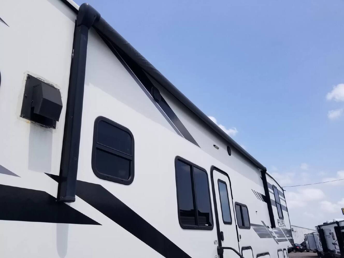 A photo of this 2021 Heartland Fuel 362 Toy Hauler