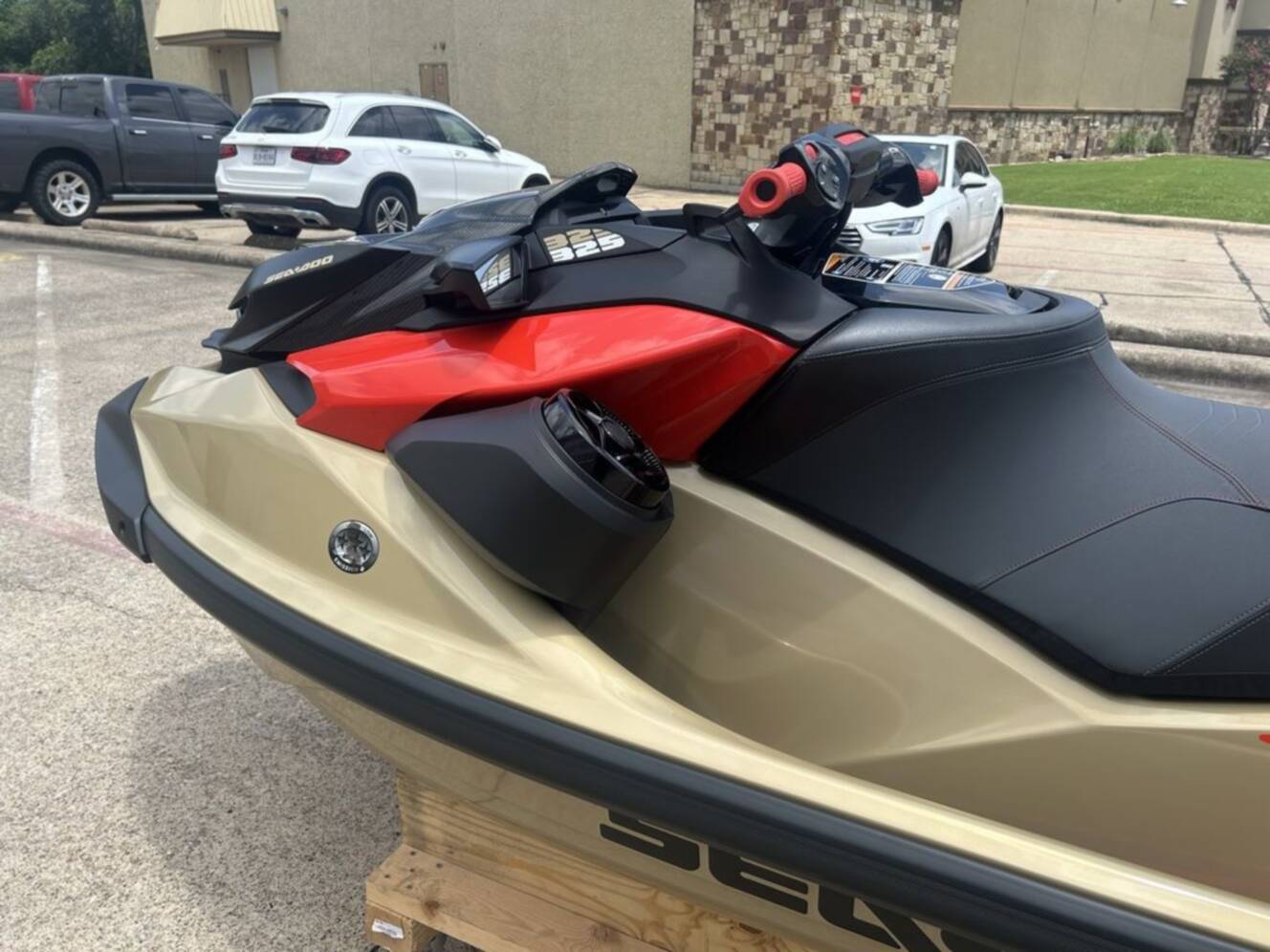 A photo of this 2025 Sea-Doo RXP-X 325 Tech, BRP Premium A, iBR Metallic Tan / La