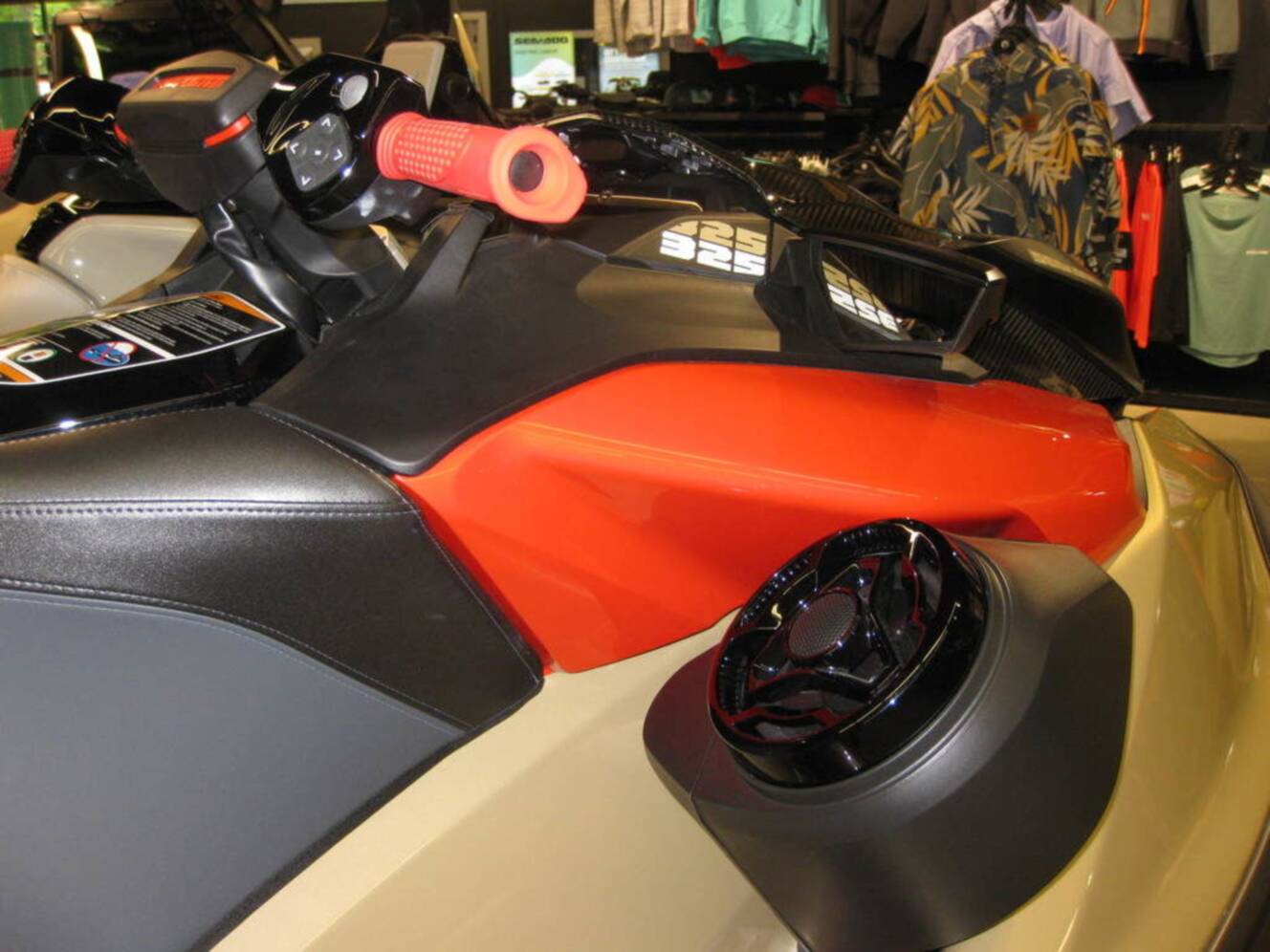 A photo of this 2025 Sea-Doo RXP-X 325 Tech, BRP Premium A, iBR Metallic Tan / La