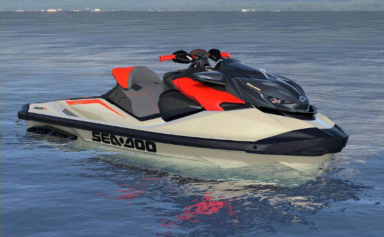 A photo of this 2025 Sea-Doo RXP-X 325 Tech, BRP Premium A, iBR Metallic Tan / La