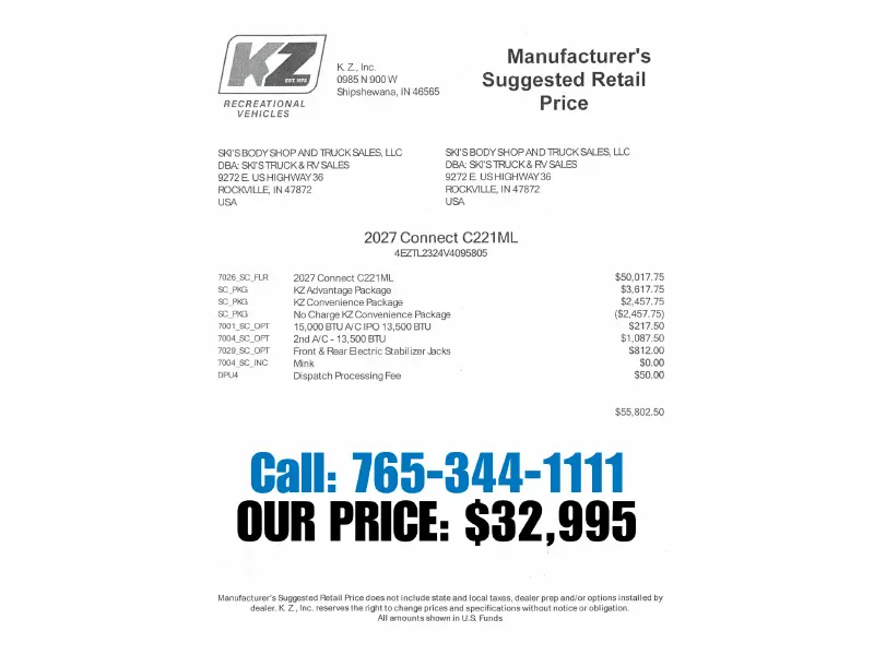 2027 KZ RV Connect C221ML