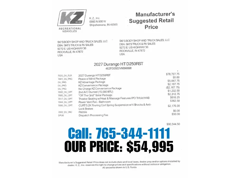 2027 KZ RV Durango HT D250RST