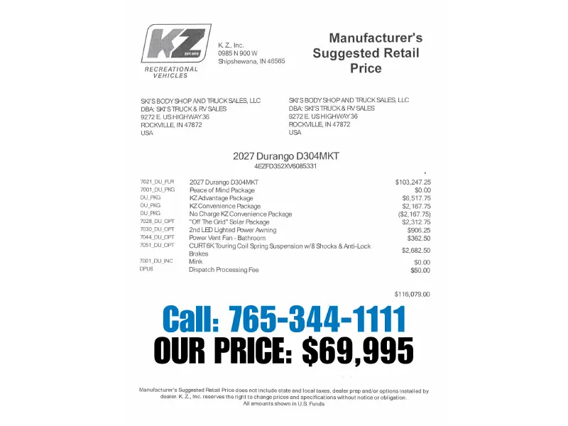2027 KZ RV Durango D304MKT