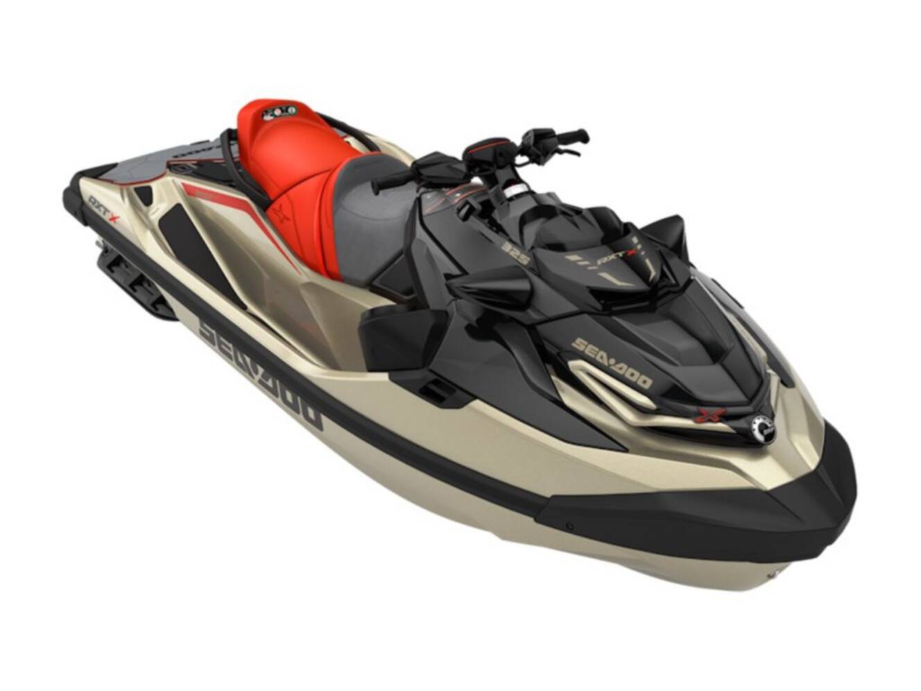 A photo of this 2025 Sea-Doo RXT-X 325 Metallic Tan / Lava Red Premium