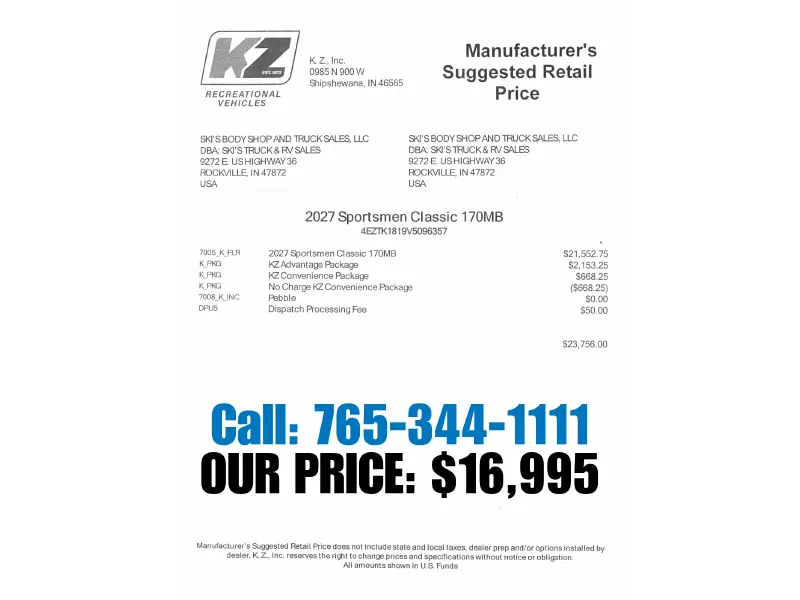 2027 KZ RV Sportsmen Classic 170MB