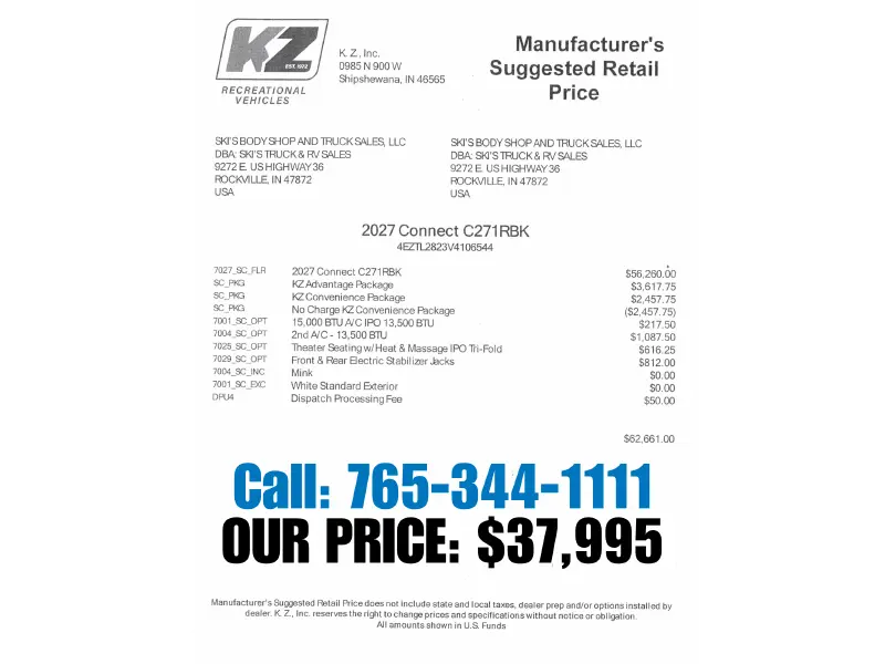 2027 KZ RV Connect C271RBK