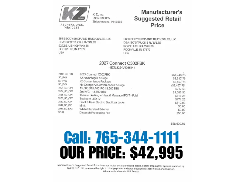 2027 KZ RV Connect C302FBK